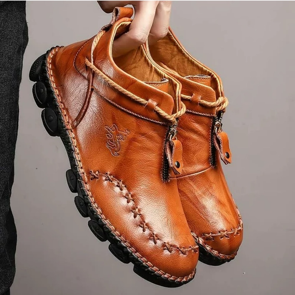 Men’s Fashion burnt orange/brown Genuine Leather stitched Moccasin ankle boots